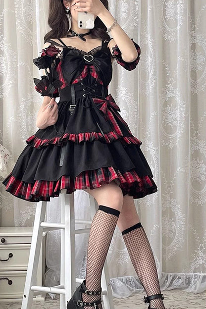 Crimson & Charcoal Tartan Contrast Leather Buckle Bow Ruffle Goth JSK