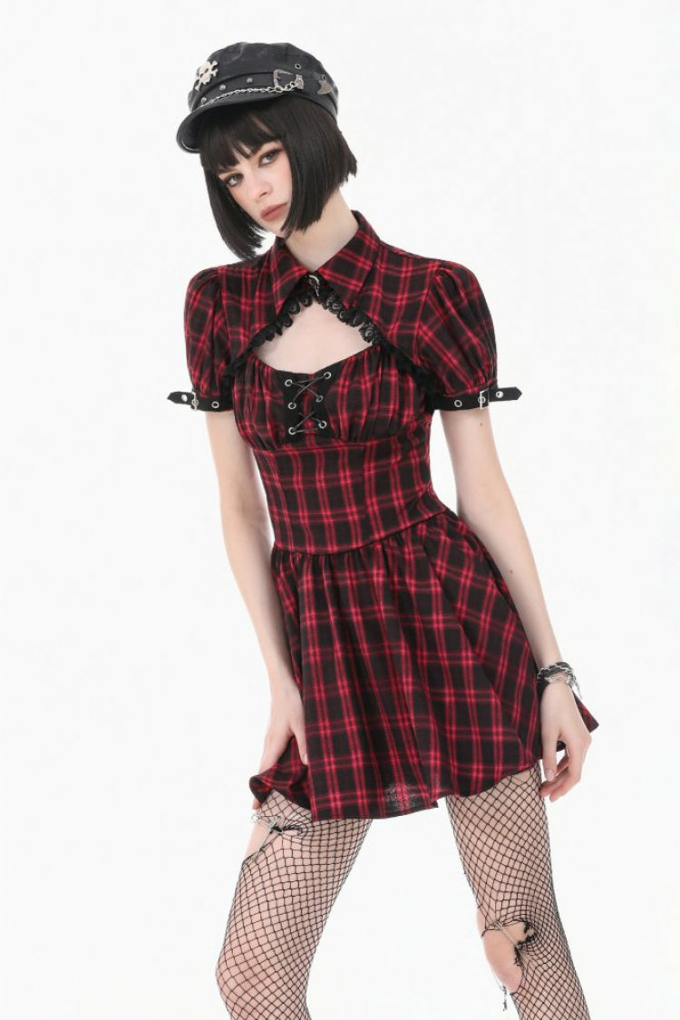 Crimson & Charcoal Tartan Notch Collar Cutout Short Sleeve Laced Punk Retro Mini Dress