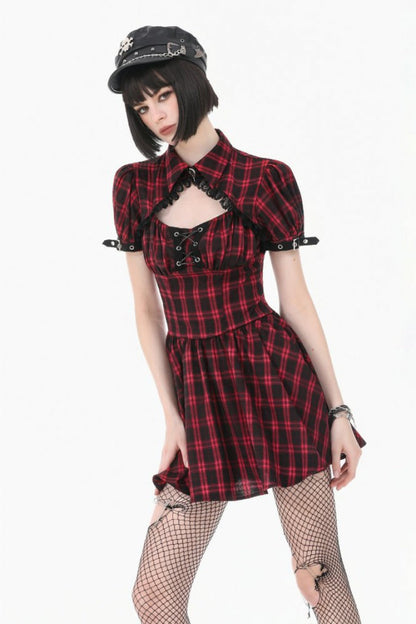 Crimson & Charcoal Tartan Notch Collar Cutout Short Sleeve Laced Punk Retro Mini Dress