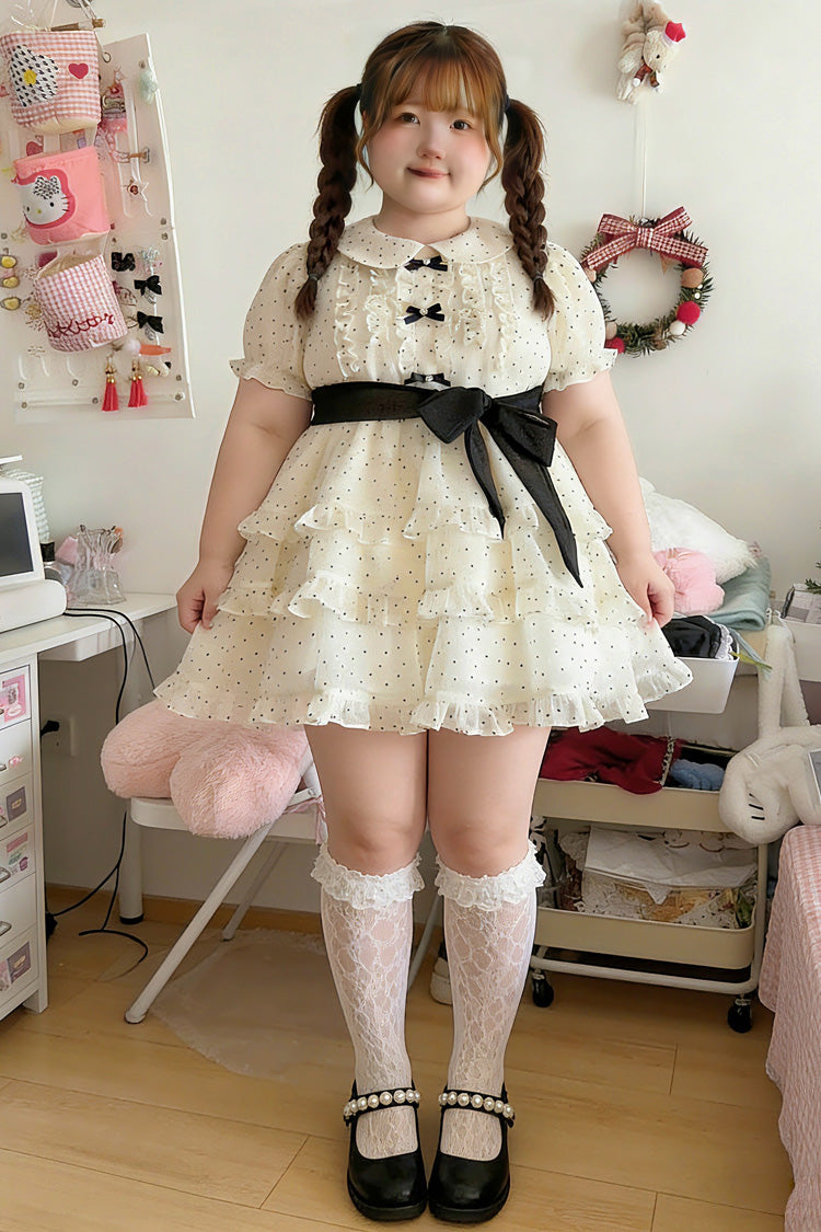 Ivory Doll Collar Short-Sleeve Polka Dot Ruffled Plus-Size Princess Lolita Dress