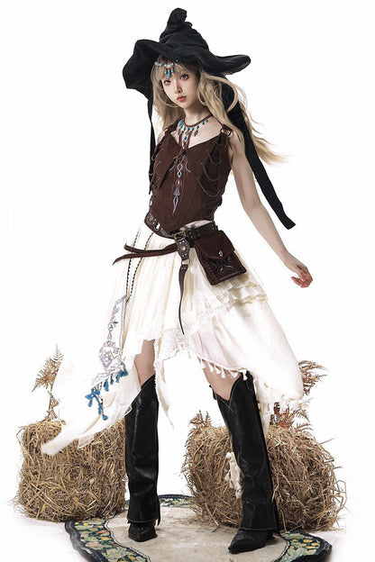 Dune Shadow Seeker Irregular Vintage Lolita Skirt Set - Embroidered Ruffled