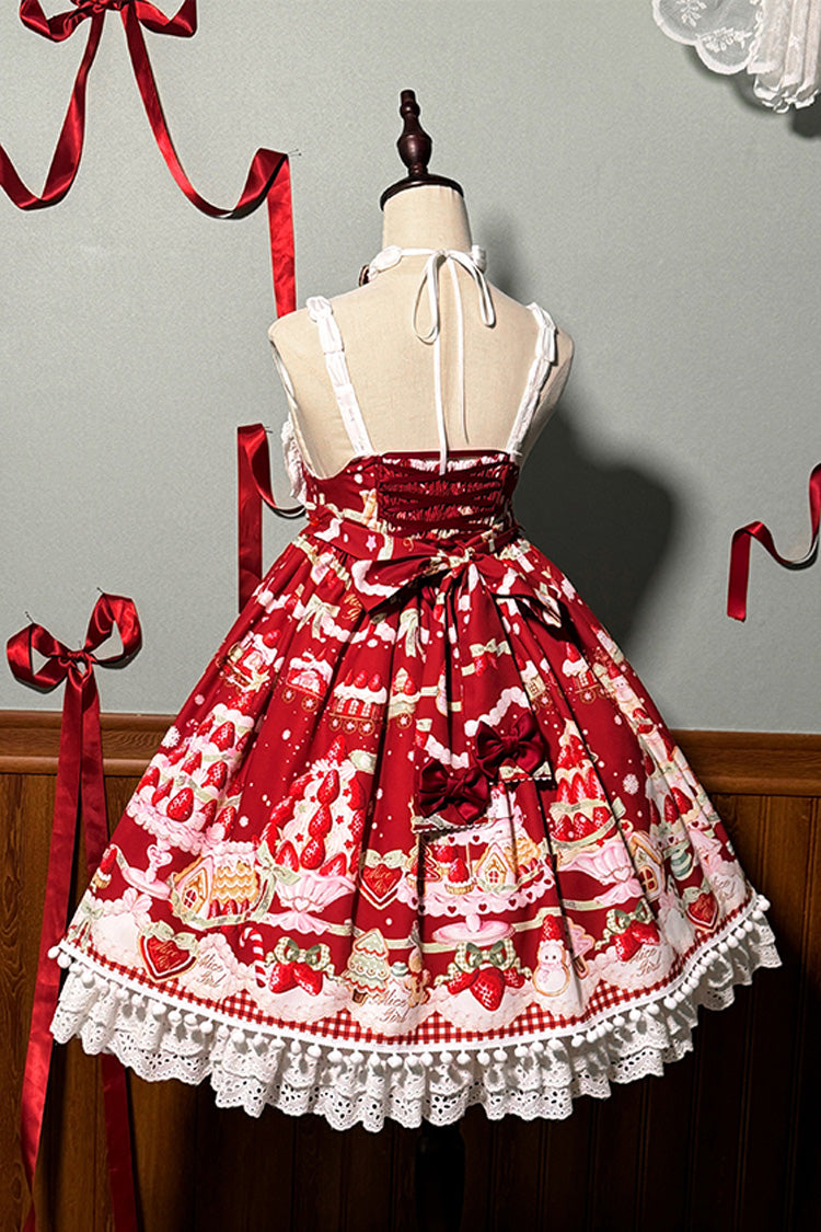 High Waisted Ruffle Bowknot Sweet Lolita JSK Dress with Strawberry Dessert Print - 4 Colors