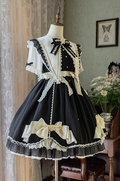 Sweet Lolita Ruffle Lace Stitch Dress with Bow