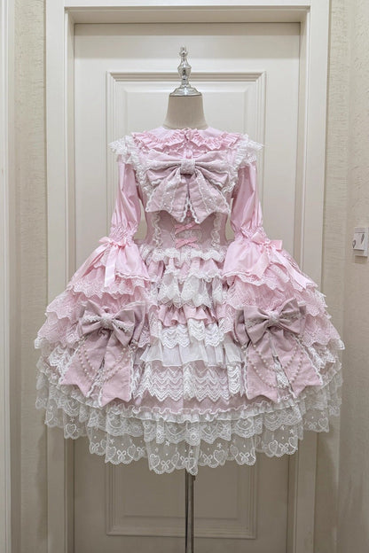 Blush Sleeveless Multi-Tier Ruffle Hanayome Cardigan Bow Lace-Up JSK - Knot of the Crossed Heart