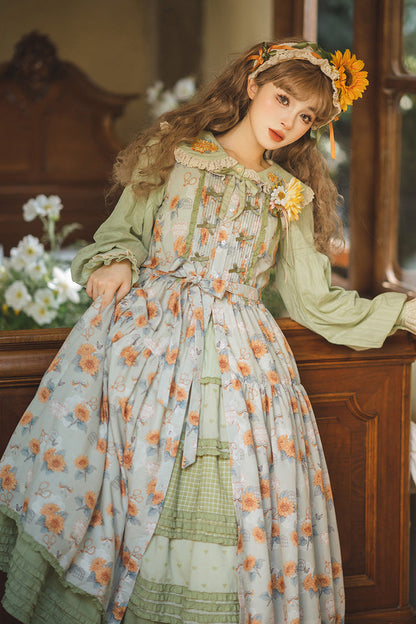 Emerald Sleeveless Sunflower Ruffle Bow Sweet Lolita Jumper Dress