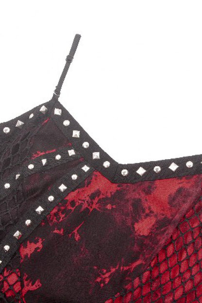 Crimson Punk Slip Dress with Asymmetric Tie-Dye and Mesh Hem