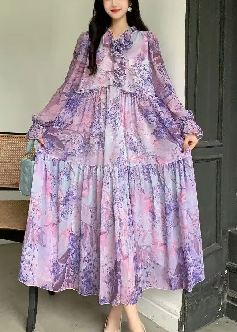 Fantasie Lila Print Patchwork Rüschen Langarm Kleid AZ1005 