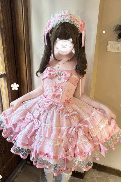 Blush Sleeveless Triple-Tier Ruffle Bow Lace Ballerina JSK - Gem Love
