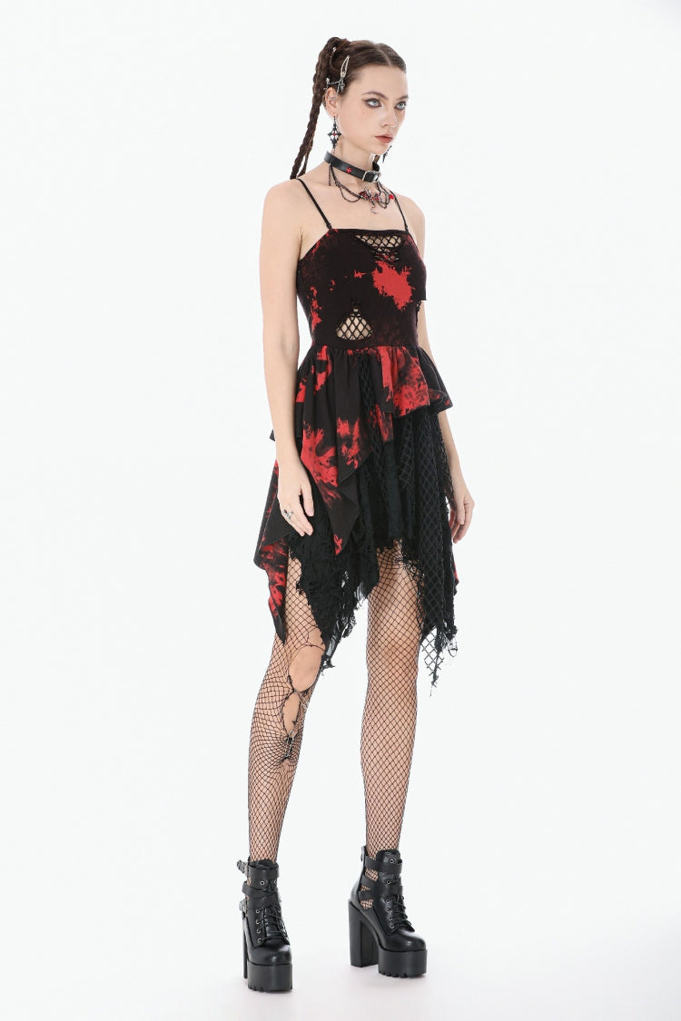 Crimson & Obsidian Sleeveless Irregular Mesh Tie Dye Punk Slip Dress