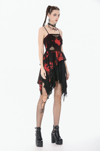 Crimson & Obsidian Sleeveless Irregular Mesh Tie Dye Punk Slip Dress
