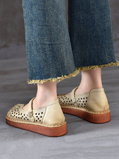 Women Summer Leather Solid Cutout Leather Flat Shoes OO1018