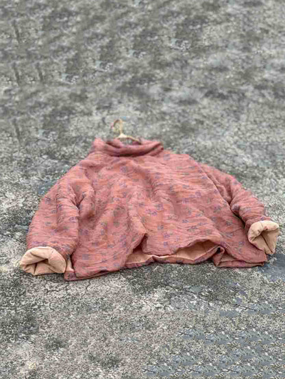 Damen Vintage Herbst Floral Rollkragen Ramie Gepolsterter Mantel QM029