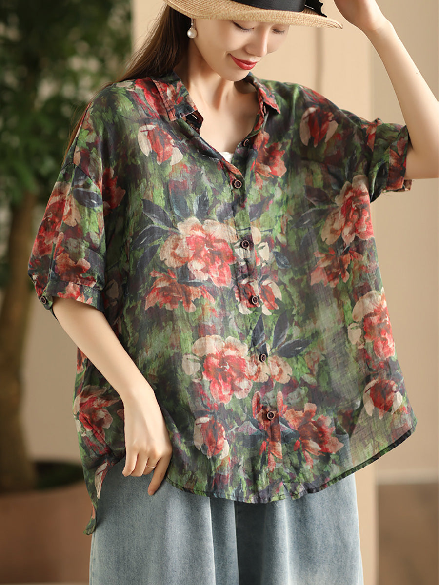 Women Summer Vintage Flower Patch Spliced Ramie Shirt FD039