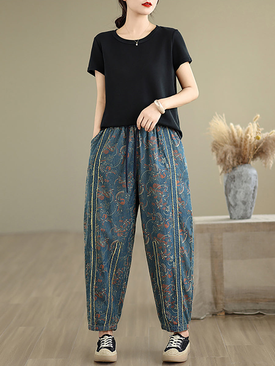 Denim Patchwork Pants Harem Women Retro Flower