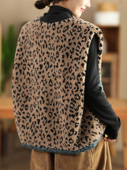 Women Autumn Retro Leopard O-Neck Dual-side Wearing Vest QN008