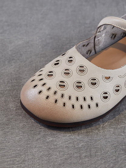 Genuine Shoes Women Summer Hollow Out Heel Low Leather