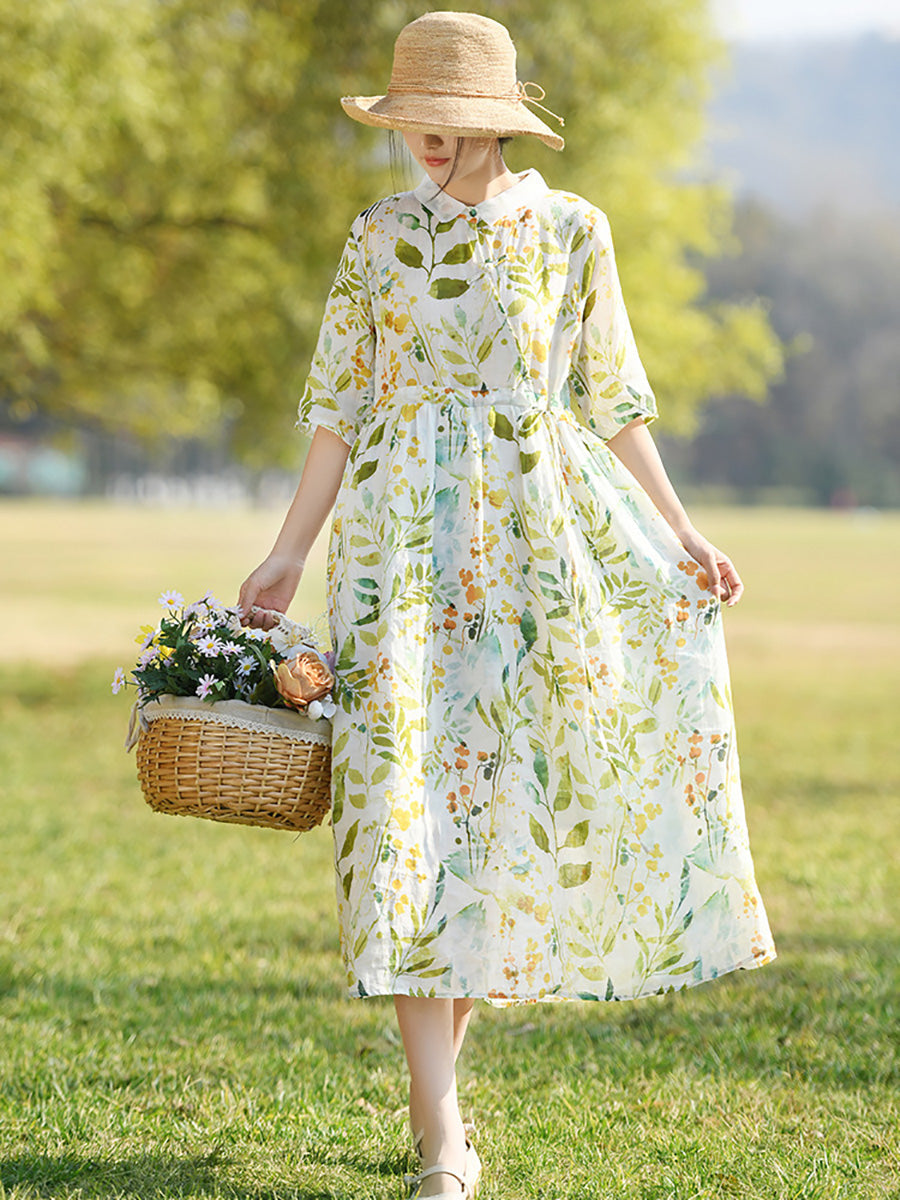 Robe d'été en ramie à bretelles et imprimé végétal artistique pour femmes CC032