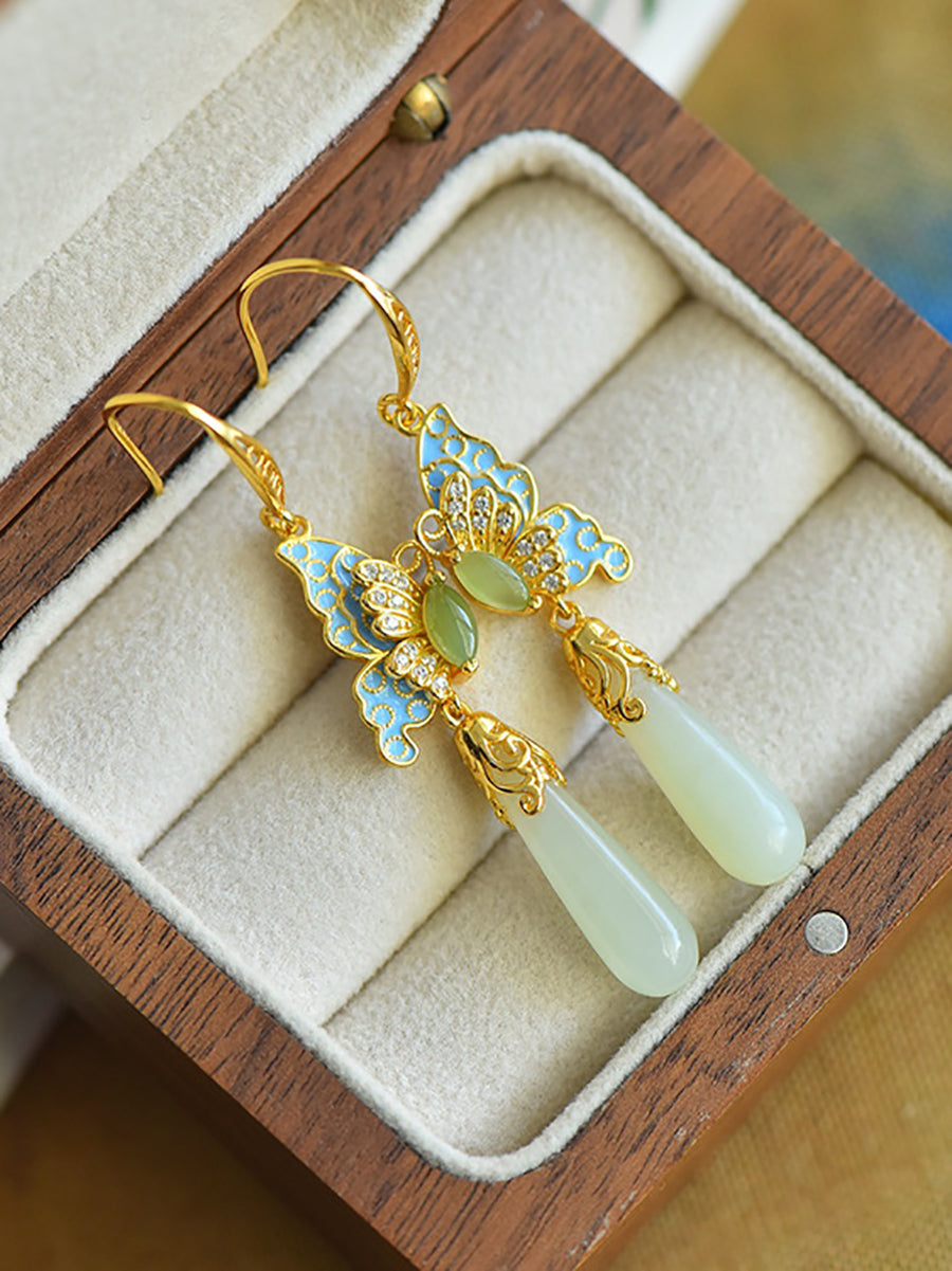 Butterfly Ethnic Enamel Earrings Women Jade S925Silver