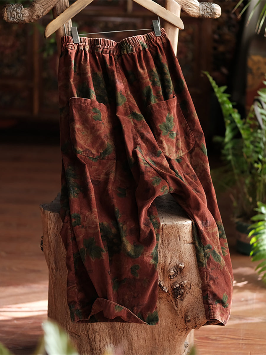 Women Autumn Retro Flower Cotton Wide-leg Pants  AS1024