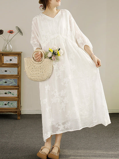 Women Summer Floral Embroidery Strap V-Neck Ramie Dress HH045