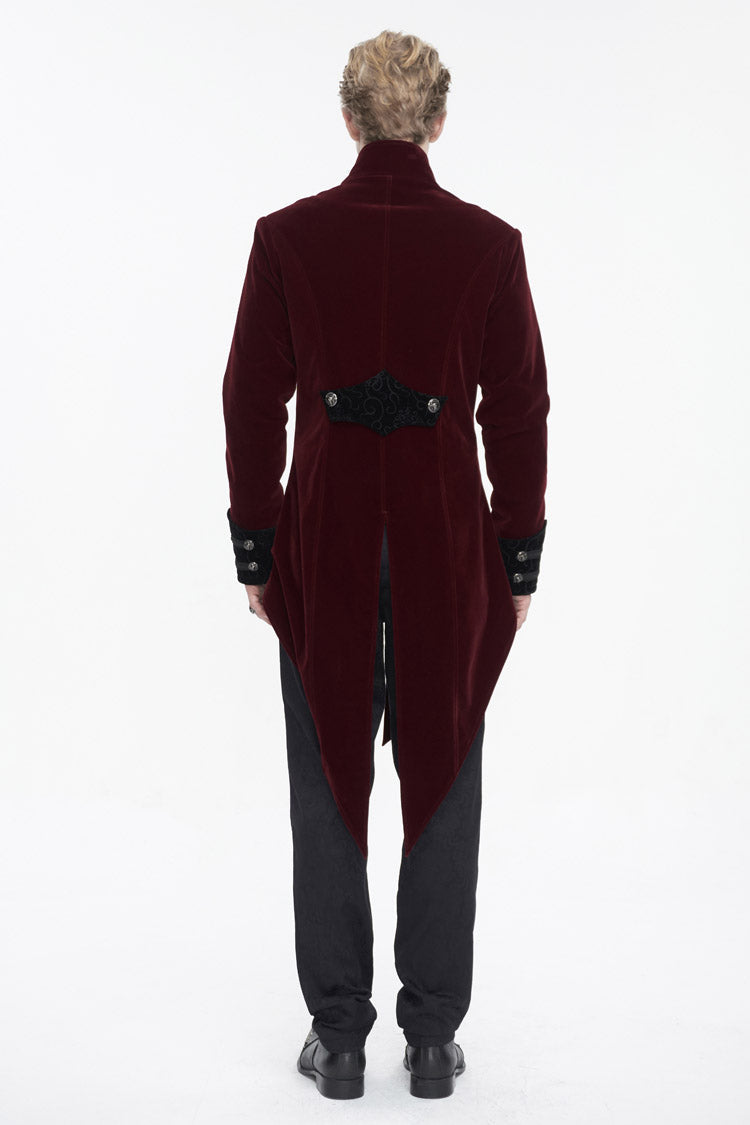Crimson High-Neck Gothic Coat with Lace Panels and Swallowtail Back