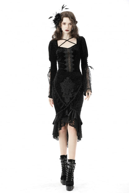 Women's Gothic Dovetail Wrap Skirt with Lace and Lace-Up in Black Jacquard