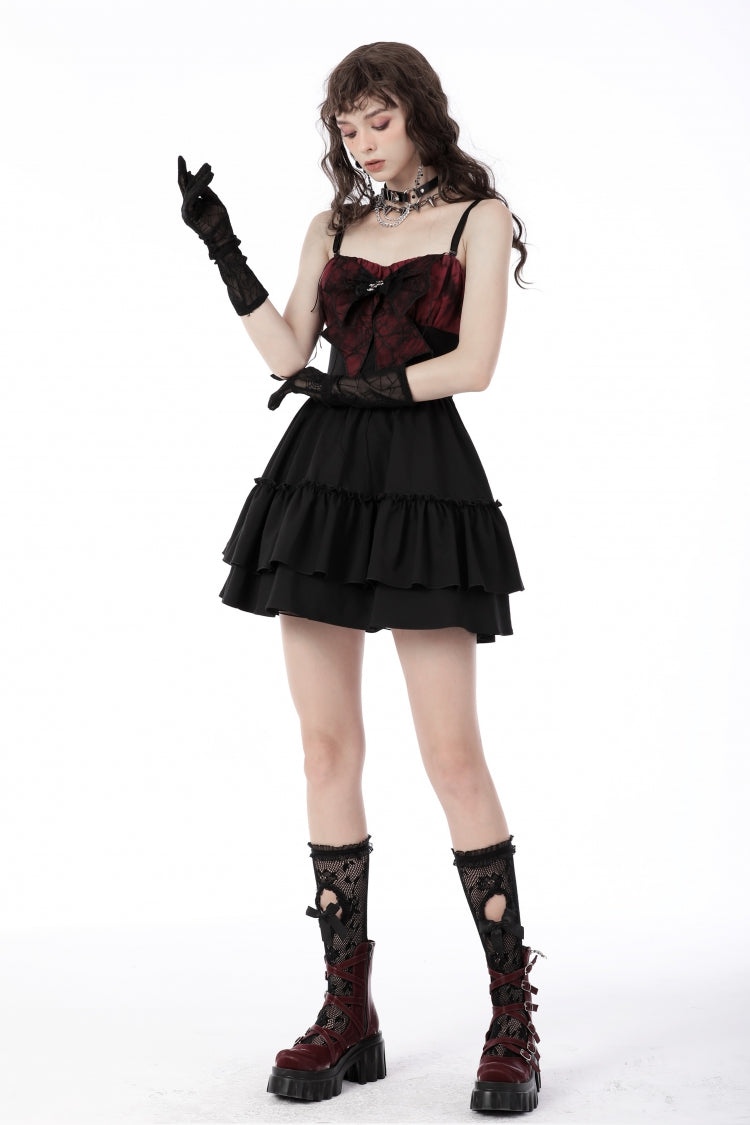 Crimson & Obsidian Sleeveless Bowknot Lace-Up Double-Layered Frilly Gothic Slip Graduation Dress
