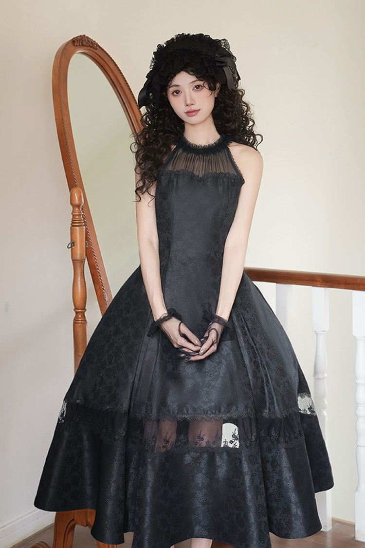Elegant Lolita Dress with Off-Shoulder Neckline and Ruffle Print in Black