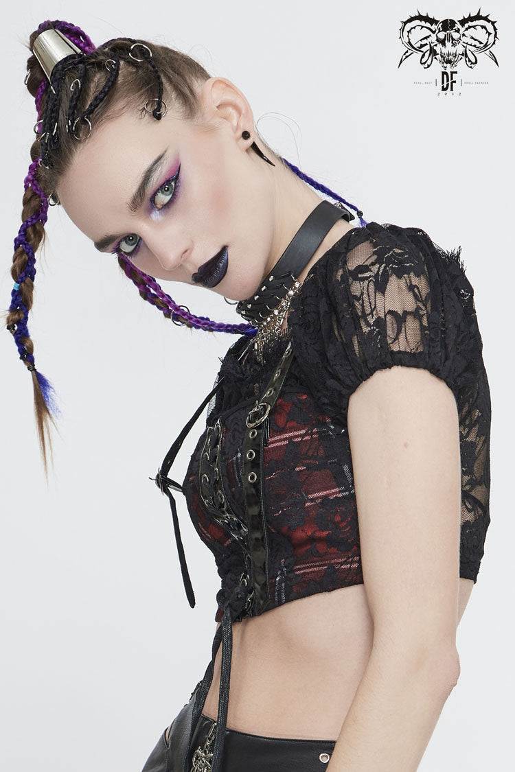 Crimson & Obsidian Scottish Plaid Off Shoulder Bright Leather Straps Lace Up Lace Punk T-Shirt