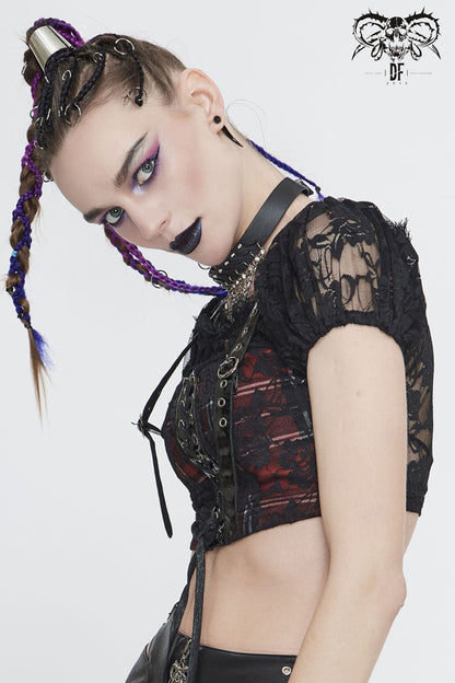 Crimson & Obsidian Scottish Plaid Off Shoulder Bright Leather Straps Lace Up Lace Punk T-Shirt