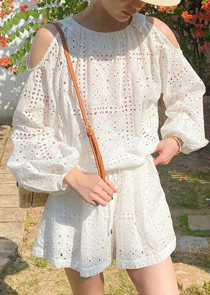 Two Shoulder Pieces Cotton Shirt Beige Shorts Cold And Boutique