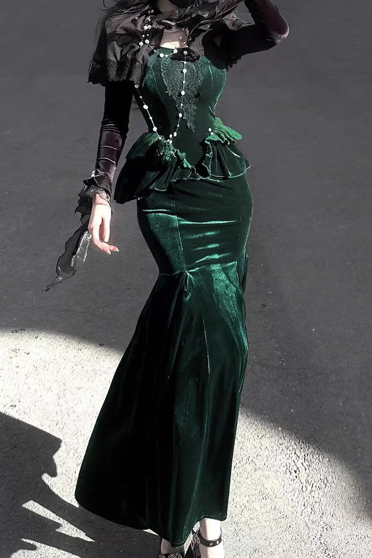 Emerald Ruffle Embroidery Slim Elegant Lolita Jumper Fishtail Gown