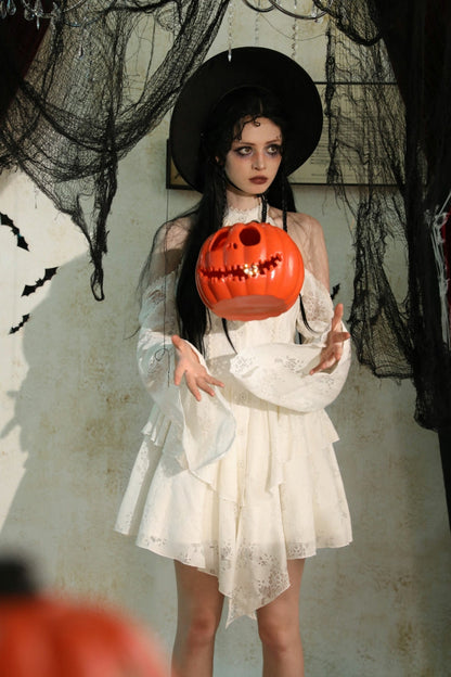 Steampunk Women's Dress with Halter Off-Shoulder Lapel Collar & Flare Sleeves, Cream