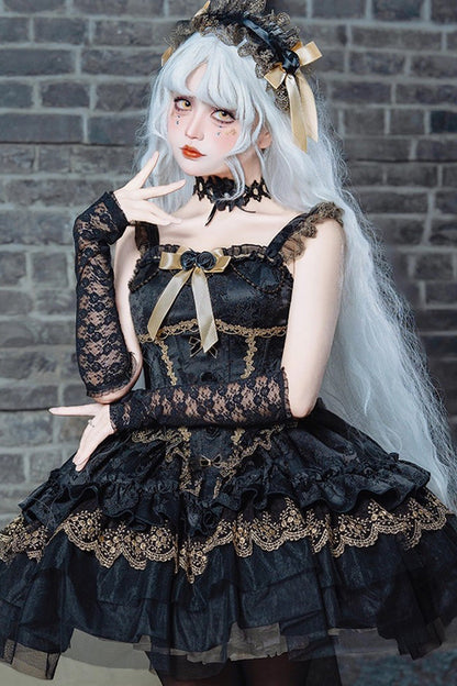 Slim Gothic Ballet JSK Dress with Multi-Layered Ruffles and Lace in Black