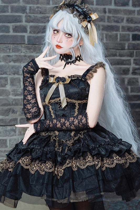 Slim Gothic Ballet JSK Dress with Multi-Layered Ruffles and Lace in Black