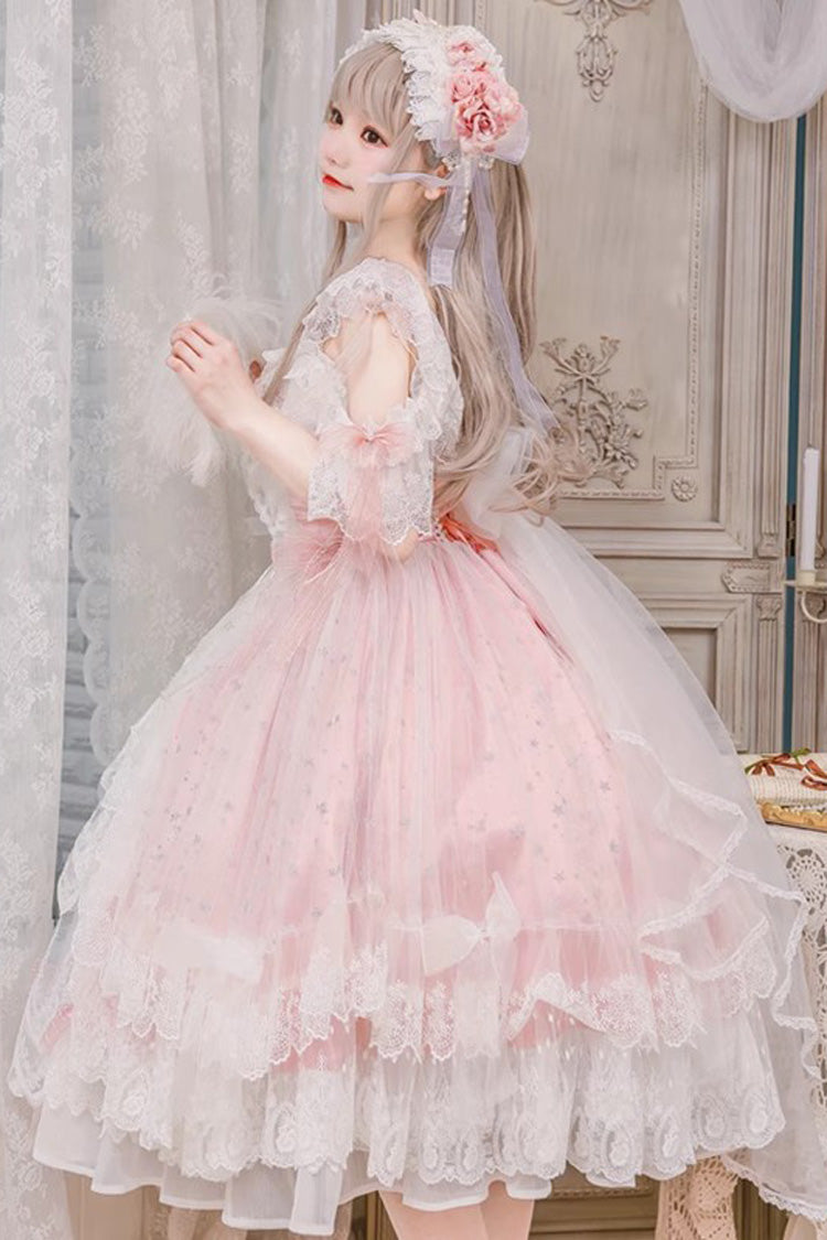 Blush Off-Shoulder Ruffle Hanayome Bow Lace Elegant Dress - Glazed Phantom