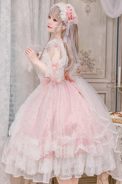 Blush Off-Shoulder Ruffle Hanayome Bow Lace Elegant Dress - Glazed Phantom
