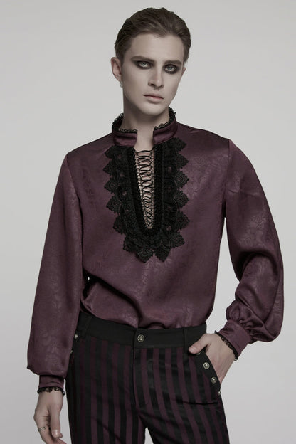 Crimson High-Neck Gothic Ruffled Rose Blouse with Lace-Up Plunge