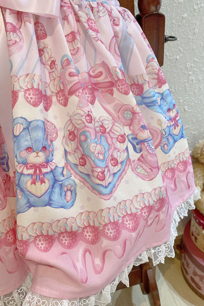 Berry Bear Print Pink Bow Stitched Lace Lolita Strap Dress