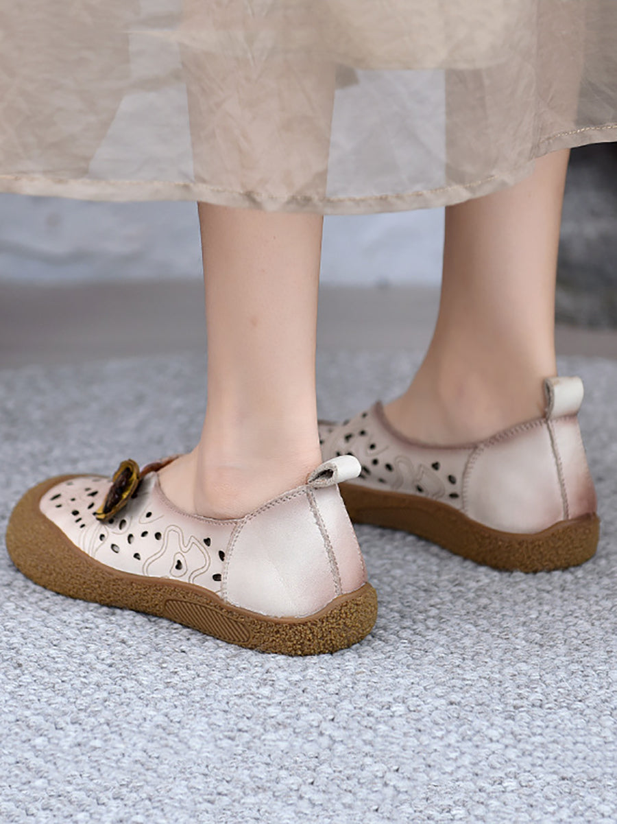 Leather Fashion Shoes Hollow Women Out Flower Flat