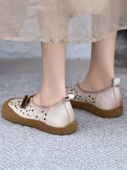 Leather Fashion Shoes Hollow Women Out Flower Flat