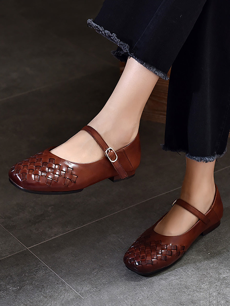 Chaussures d'été décontractées à talons bas en cuir tressé pour femmes LL004