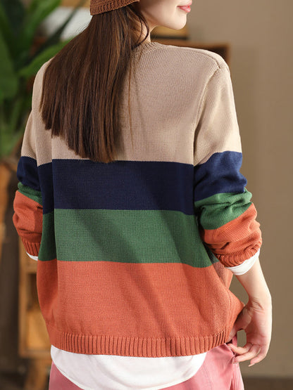 Women Autumn Colorblock V-Neck Knit Sweater AS1012