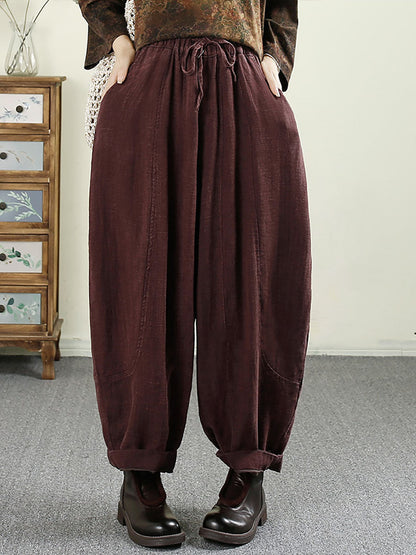 Women Autumn Vintage Solid Pocket Linen Harem Pants AV1031