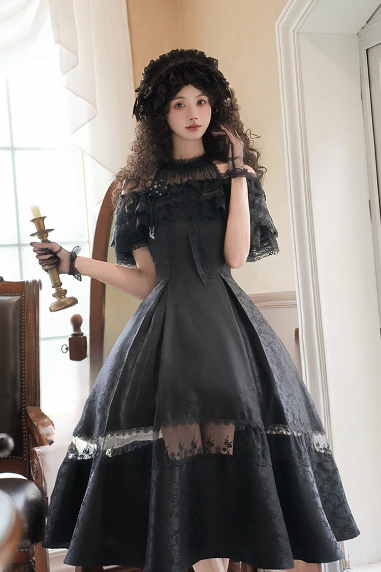 Elegant Lolita Dress with Off-Shoulder Neckline and Ruffle Print in Black