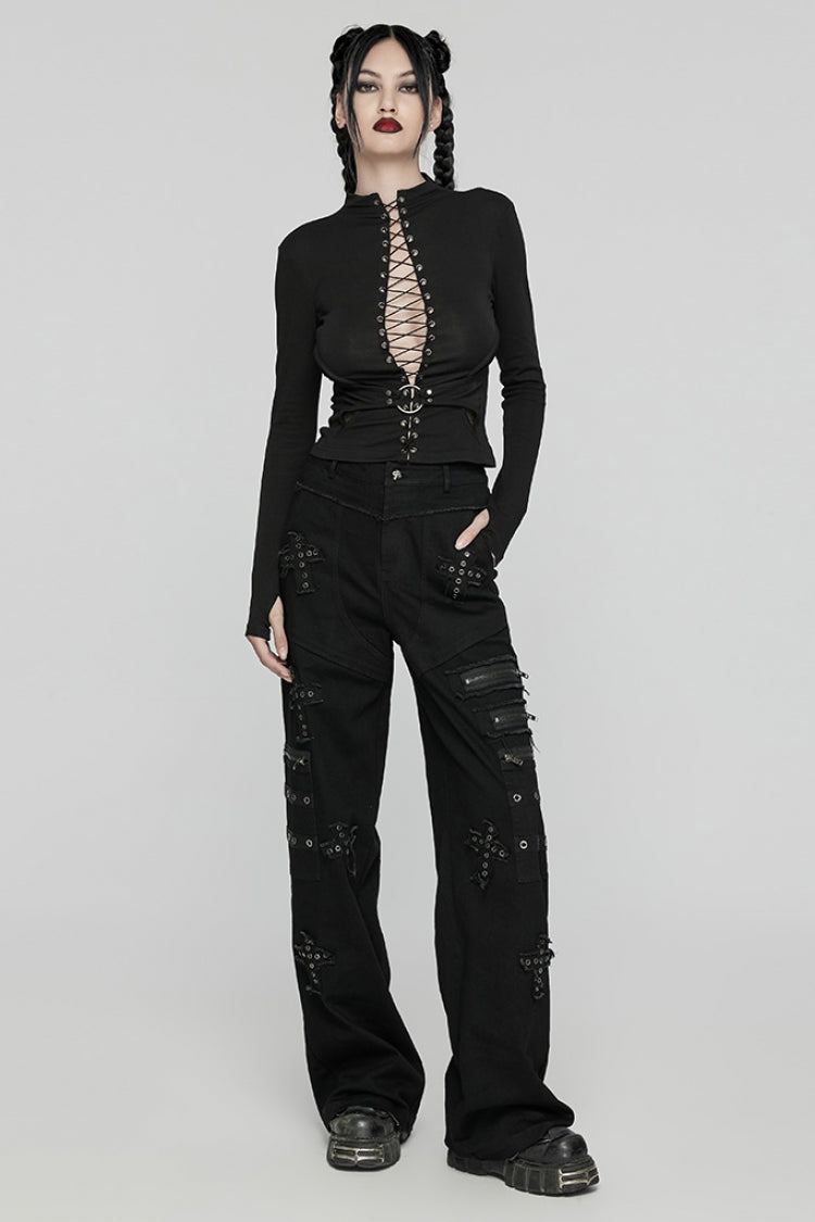 Ebony Long-Sleeve Lace-Up Sheer Punk Blouse