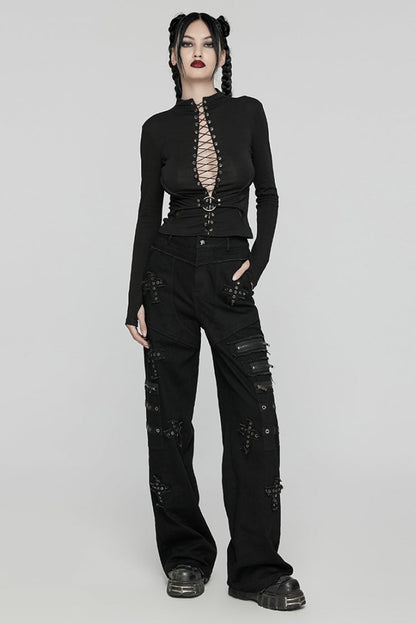 Ebony Long-Sleeve Lace-Up Sheer Punk Blouse
