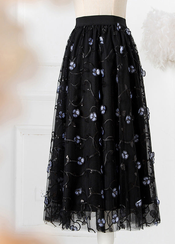 Art Black Embroidered Floral High Waist Tulle Pleated Skirts Spring AJ1018