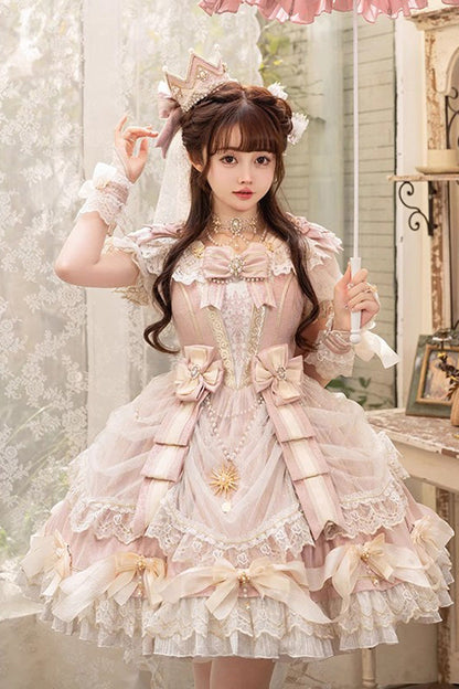Blush Short-Sleeve Multi-Tier Ruffle Bow Lace Dress (2 Versions) - Girls' Day