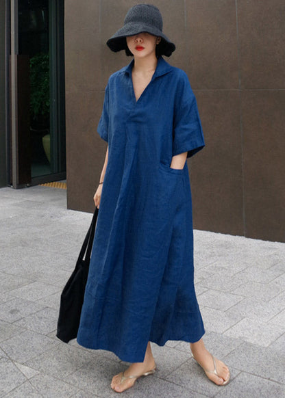 Wrinkled Open Sleeve Side Dress Linen Blue Short